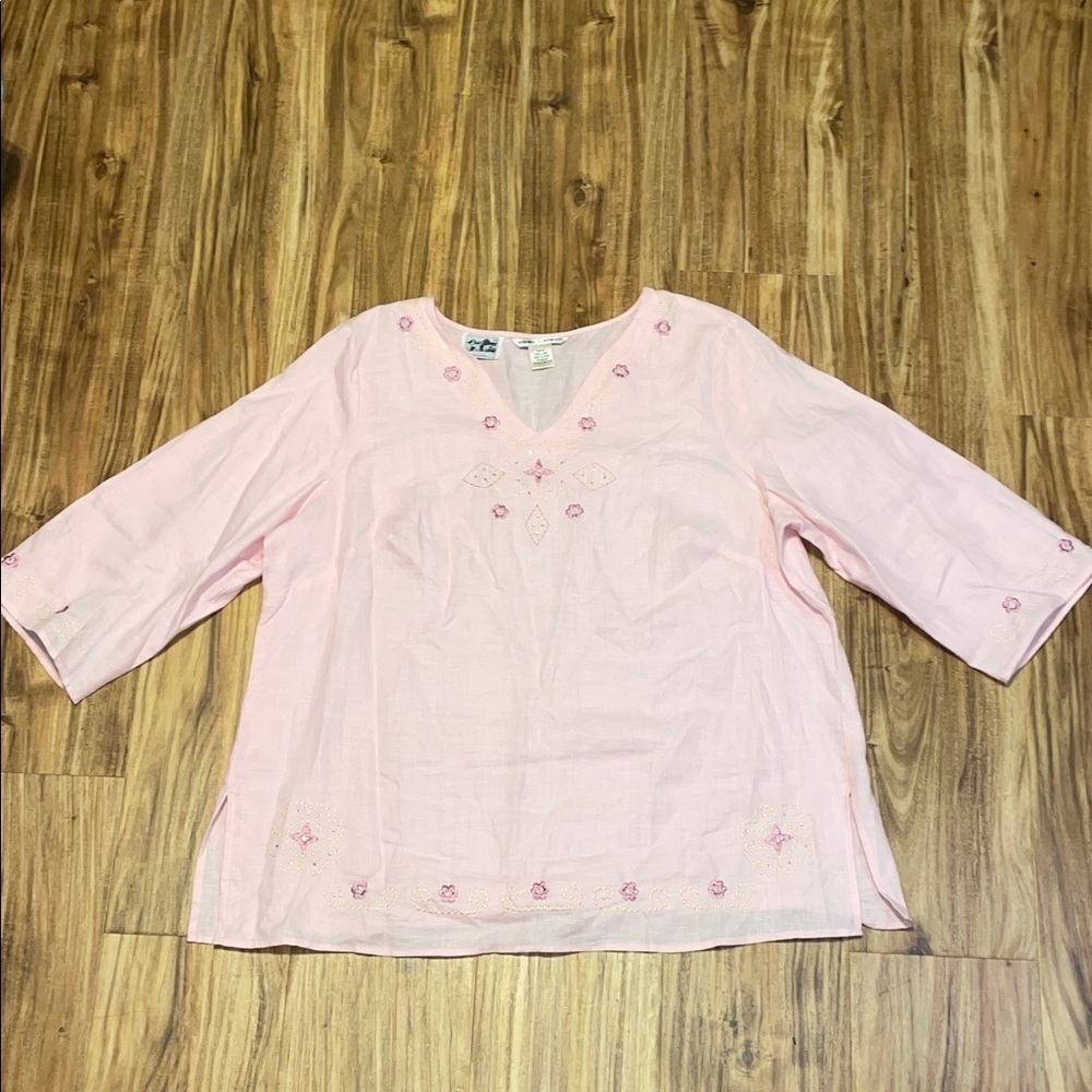 Edward Woman 1x XL 16 tunic top Irish linen pink embroider flowers rhinestones